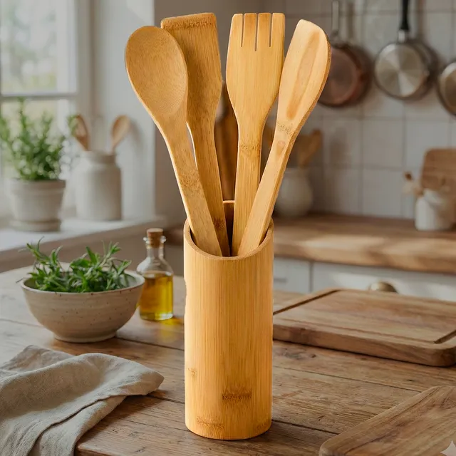 Conjunto Talheres Bambu 5 Peças Pau Colher Garfo Espátulas Bambu