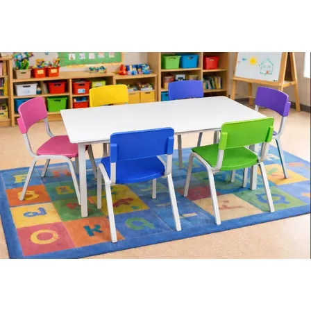 Jogo De Mesa 120x70 Infantil Com 6 Cadeiras Coloridas Creche