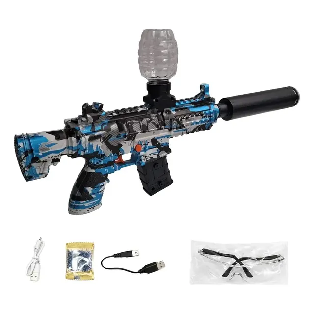 Arma Bolinha Gel Mp5 C/ Silenciador De Led Bateria 3.0 Azul