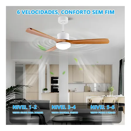Ventilador De Teto Bivolt Led Multicor Branco Madeira 132cm