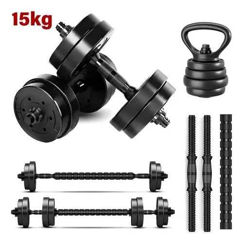 Kit Halteres De Anilhas E Kettlebell Musculação 15kg Preto