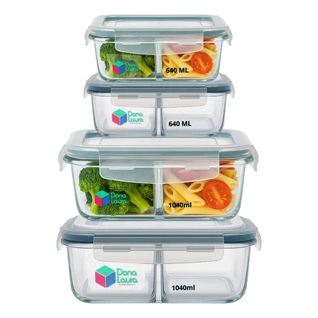Kit 4 Potes Hermético Vidro 370ml 640ml Divisoria Dona Laura Transparente