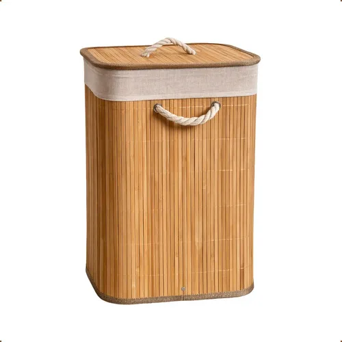 Cesto Roupas Sujas Bambu Grande Retangular Forrado Banheiro Caixa Organizadora 72 Litros Cesto De Bambu Natural Forro De Linho