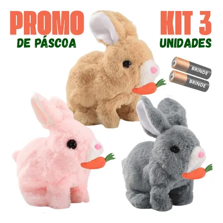 Brinquedo Interativo Páscoa Coelho Musical Anda E Pula Kit 3