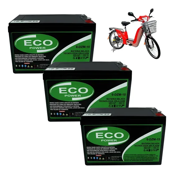 Kit 3 Bateria Para Bicicleta Elétrica 12v 15ah Eco Power