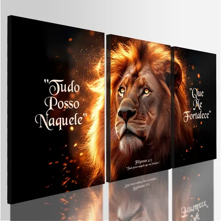Quadro Decorativo Leão Frases Fé Motivação Moderno 122x60 Hd