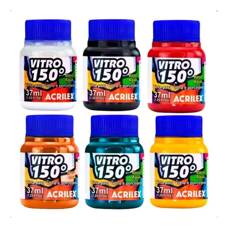 Kit 6 Cores Tinta Vitro 150 Vidro E Porcelana Acrilex 37ml