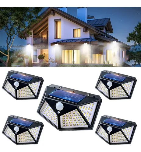 Kit 5 Luminária Solar 100 Led Com Sensor Jardim Prova Dágua