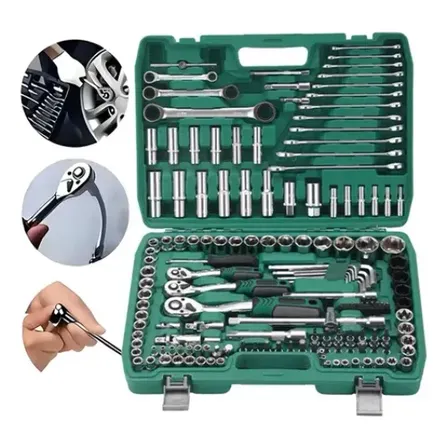 Kit Jogo De Ferramentas Com Soquetes 151 Peças De Aço Crv Verde