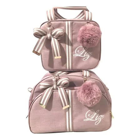 Bolsas Maternidade Média E Pequena Personalizada Com Nome Rose Linho