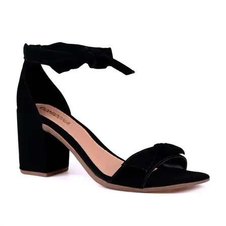 Sandália Feminina Salto Bloco Médio Bico Quadrado Laço