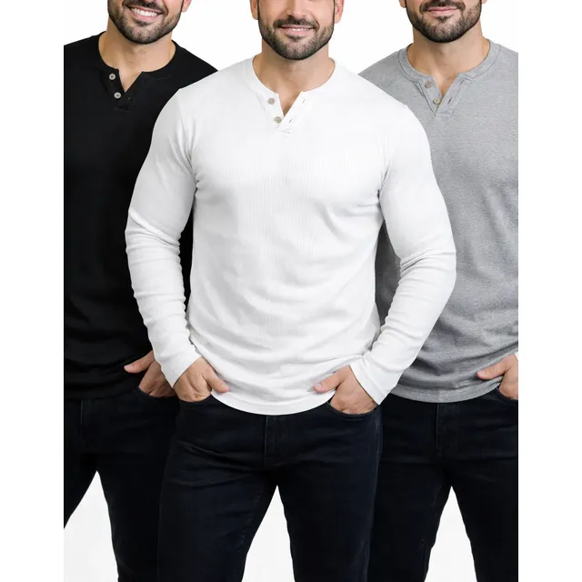 Kit 3 Camiseta Henley Masculina Slim 2 Botões Manga Longa