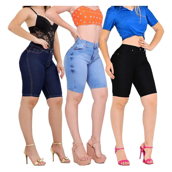 Kit 3 Bermuda Feminina Ciclista Jeans Lycra Até O Joelho)