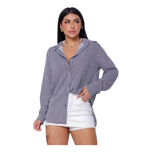 Camisa Social Feminina Clássica Listrada C/ Botões Tendência