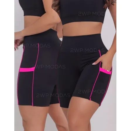 Kit 2 Shorts Cintura Alta Academia Bolso Celular Suplex Fit