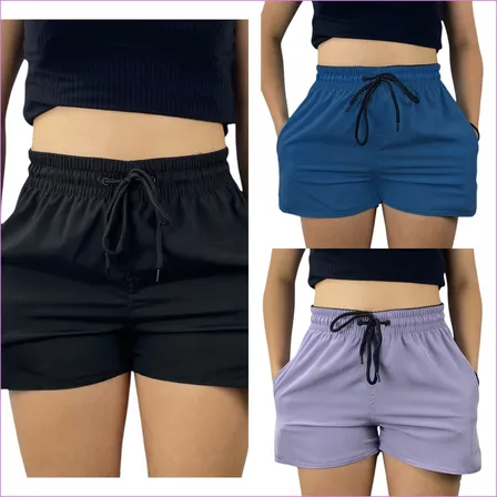 Kit 3 Shorts Feminina Tactel Elastano Treino Praiab Academia