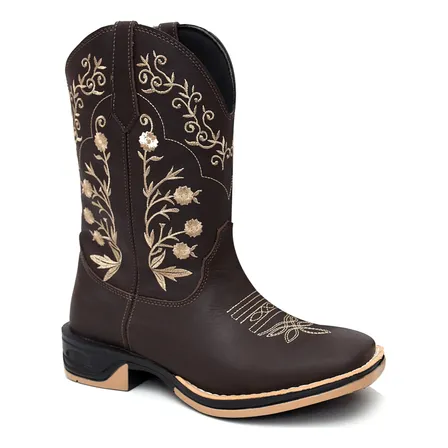 Bota Texana Feminina Flores Bege Country Em Couro Sola Jump