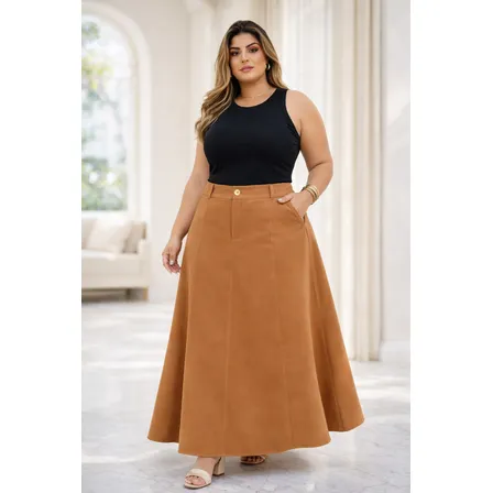 Saia Alfaiataria Plus Size Rodada Evasê Cós Alto Evangélica
