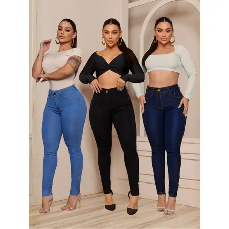 Kit 3 Calça Jeans Feminina Skinny C/ Elastano Cós Alto Lycra