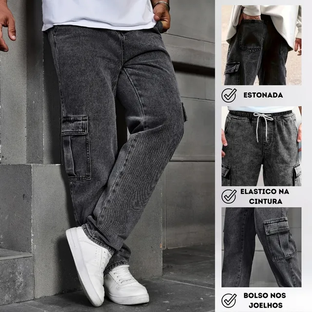 Calça Cargo Masculina Jeans Cós De Elástico Streetwear Larga