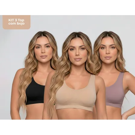 Kit 3 Top Com Bojo Fitness Academia Sem Costura Poliamida