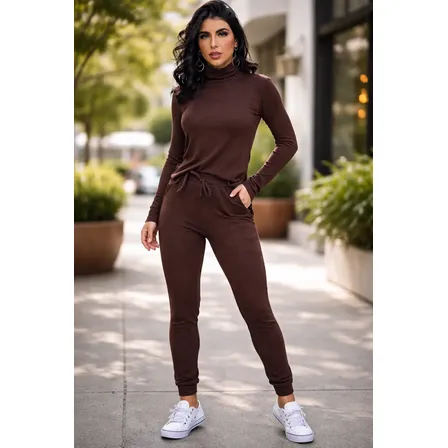 Conjunto Feminino Blusa Gola Alta Calça Lãnzinha Inverno