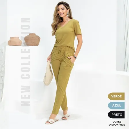 Conjunto Feminino Calça Wide Com Blusa Decote V Estilosa