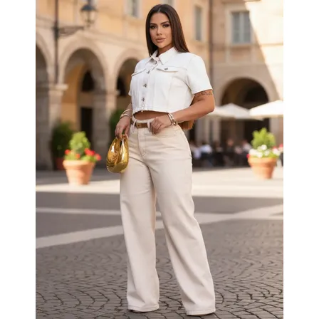 Calça Wide Leg Off White Feminina Elegante Com Jeans Premium