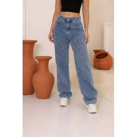 Calça Jeans Feminina Wide Leg Cintura Alta Pantalona