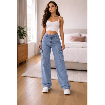 Calça Cargo Feminina Wide Leg Cintura Alta Jeans Stillger