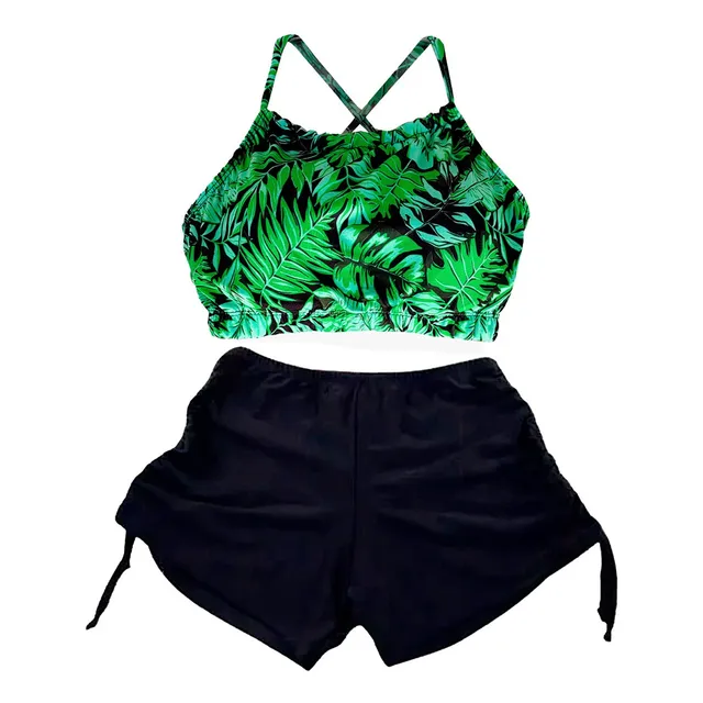 Biquíni Top Cropped Com Shorts Estampado -conjunto Com Bojo