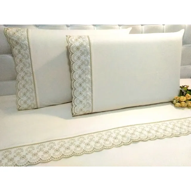 Jogo Lençol Super King Barrado Richilieu Percal 230 Fios