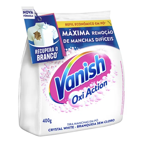 Tira Manchas Vanish em Pó Crystal White Oxi Action para Roupas Brancas Refil 400g