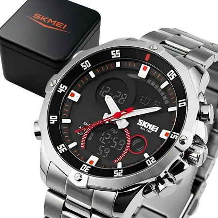 Relógio Skmei 1146 Masculino Aço Inox Prata Fundo Preto AnaDigi Luz Alarme 3ATM