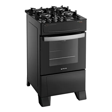 Fogão 4 Bocas Atlas Atenas Glass com Mesa de Vidro e Acendimento Automático a Gás com Forno de 50 Litros Preto Bivolt