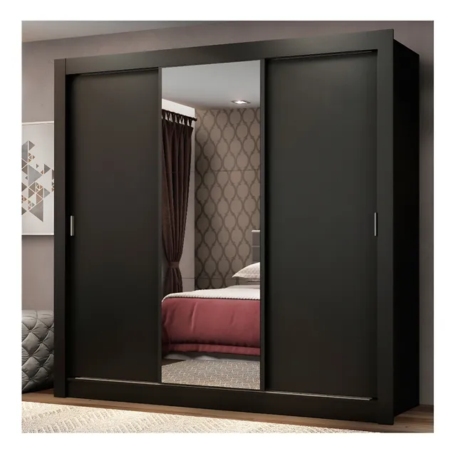 Guarda Roupa Casal Mônaco Madesa 3 Portas Correr Espelho P Cor Preto
