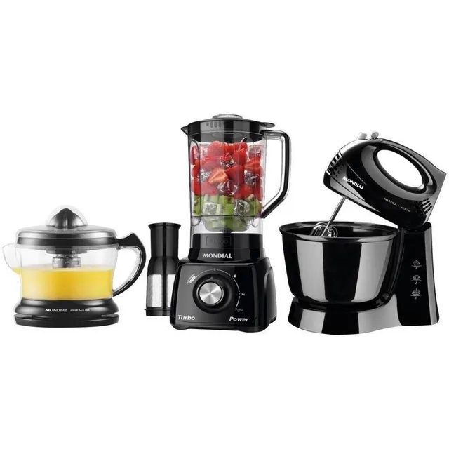Kit Cozinha Mondial Liquidificador Batedeira E Espremedor Kt-105-b Preto 127v