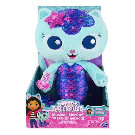 Boneca Pelúcia MerCat de 33cm com Luz e Som Gabby's Dollhouse Azul Sunny Brinquedos