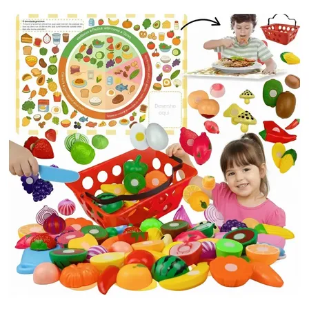 Brinquedo Unotoys Cozinha Educativa Frutas Cesta e Faquinha Plástico