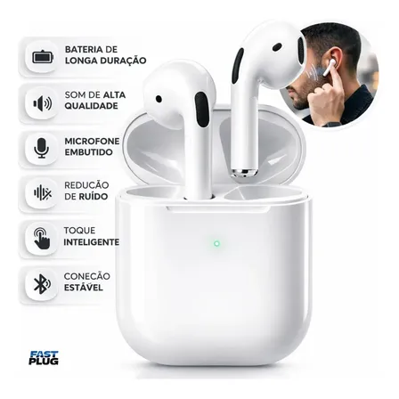 Fone De Ouvido Bluetooth Sem Fio Bateria de Longa Duração Pro 4 Branco Conecta Rápido Fast Plug