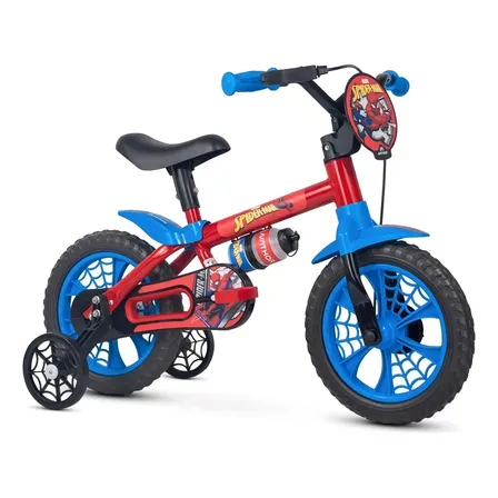 Bicicleta Infantil 2–5 Anos Nathor Homem-Aranha Aro 12 Azul/Vermelho com Rodinhas de Treinamento, Selim Ajustável e Freio a Tambor