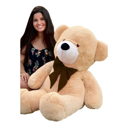 Urso Teddy Gigante Pelúcia Com Laço 1,10m Antialérgico Cor Doce de Leite /Laço Tabaco LuckBaby