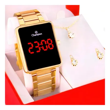 Kit Relógio Feminino Champion Digital Dourado Colar Brincos Cor do fundo led vermelho CH40086V Com Pulseira em Aço Inoxidável Presente Perfeito Namorada Mãe Esposa