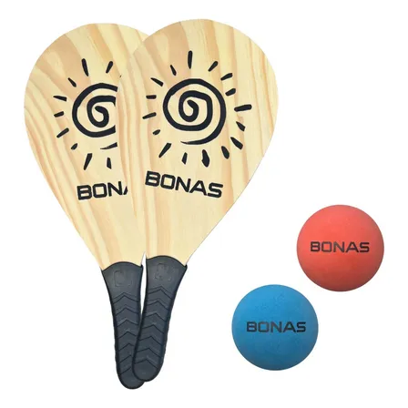 Kit Frescobol Bonas 2 Raquetes de Madeira Pinus e 2 Bolas Profissionais Ideal Para Praia, Lazer e Esporte em Dupla Cor Madeira