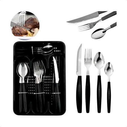 Kit Talheres 25 Pecas Porta Talher Luxo Premium Cor Preto Ke home Colher de Sopa Garfo Faca e Colher de Sobremesa