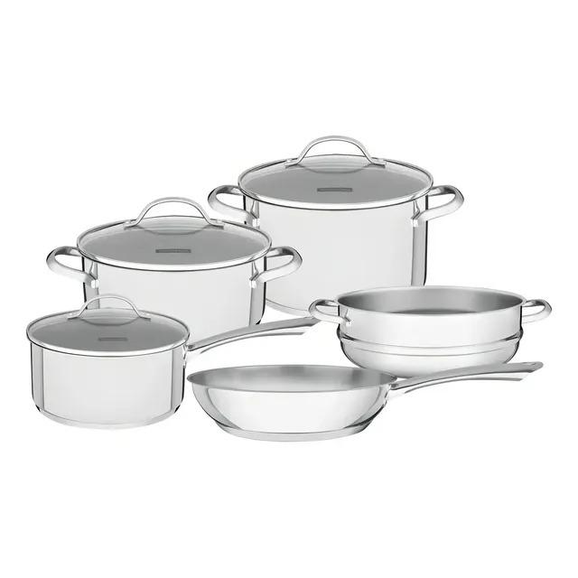 Jogo De Panelas Tramontina Una Inox Tampa De Vidro 5 Peças