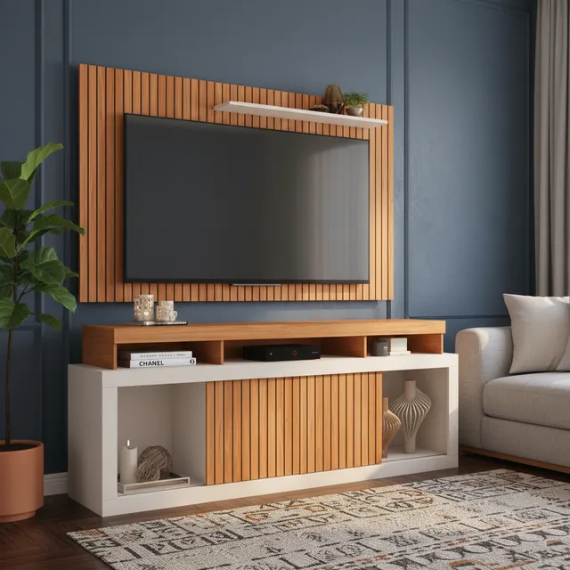 Rack Bancada com Painel Ripado para TV até 65 Polegadas 1,80m Panamá Buriti / Off White Caemmun