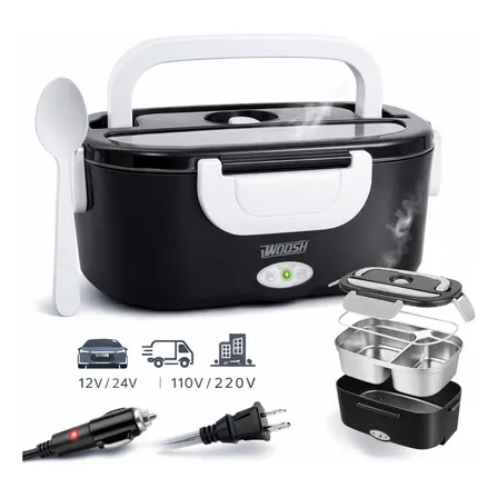 Marmita Elétrica Preta Bivolt Portátil Doméstica 110/220v Veicular 12/24v Lancheira 1.5l Com Divisórias Esquenta Rápido Refeições Práticas Trabalho Casa Carro Caminhão Viagem Faculdade Woosh