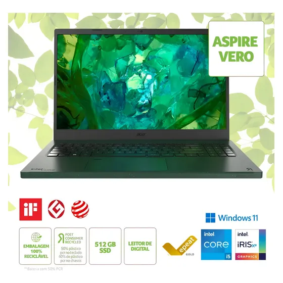 Notebook Acer Vero AV15-53P-56HM Intel® Core™ i5 – 1335U 15.6” Full HD Intel® Iris® Xe 512 GB SSD 8 GB RAM Windows 11 Home