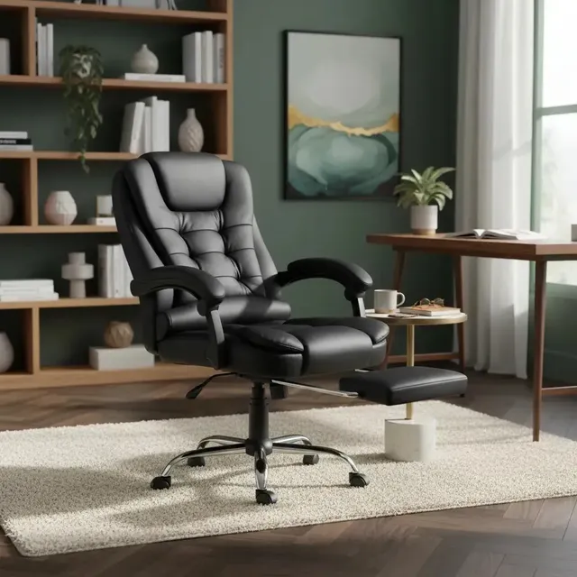 Cadeira Escritório Presidente MULLTX Preta Ergonômica com Apoio de Pés e Couro Sintético